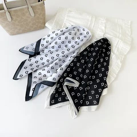 Minimalist Striped Letter Satin Chiffon Square Scarf Women Fashion Silk Feel Neckerchief Hair Band Daily Accessories