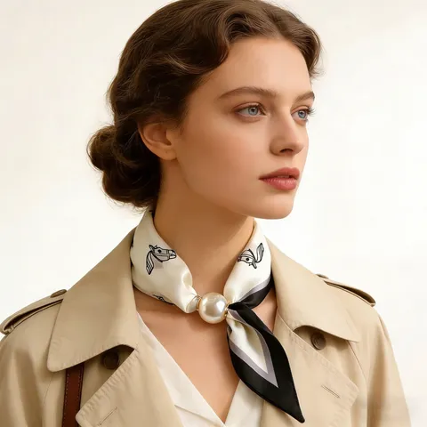 Women Fashion Satin Scarf Pearl Magnetic Buckle Elegant Printed Neck Scarf Versatile Clavicle Chain Scarf Spring Summer