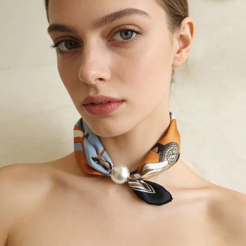 Women Fashion Satin Scarf Pearl Magnetic Buckle Elegant Printed Neck Scarf Versatile Clavicle Chain Scarf Spring Summer