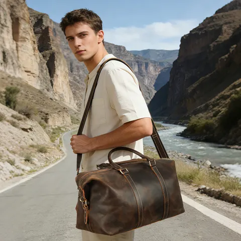 Mens Genuine Leather Travel Bag Large Capacity Casual Duffel Bag Waterproof Wear-Resistant Weekender Luggage Bag