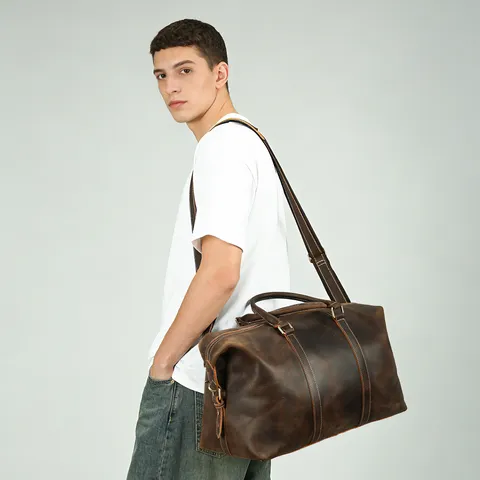 Mens Genuine Leather Travel Bag Large Capacity Casual Duffel Bag Waterproof Wear-Resistant Weekender Luggage Bag