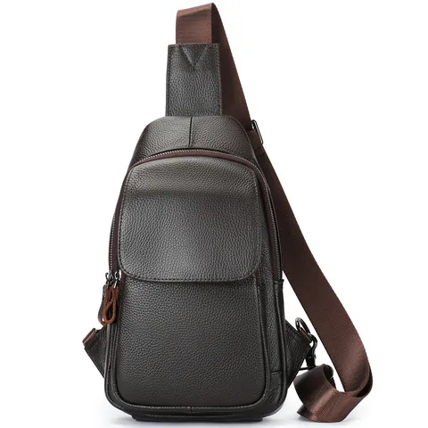 Bolso de Pecho de Cuero Genuino para Hombre Vintage Crossbody Sling Bag Primera Capa de Piel de Vaca Bolsillos Múltiples Bolso Bandolera