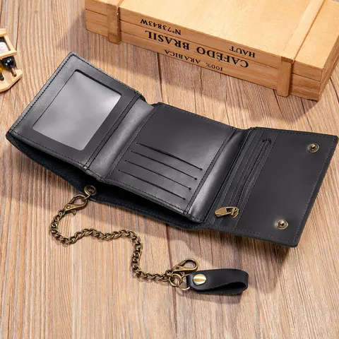 Herren Echtes Leder Kurze Geldbörse Vintage Dreifach Gefaltete Brieftasche Mit Kette Mehrere Kartenfächer Münzfach Einfarbig Portemonnaie