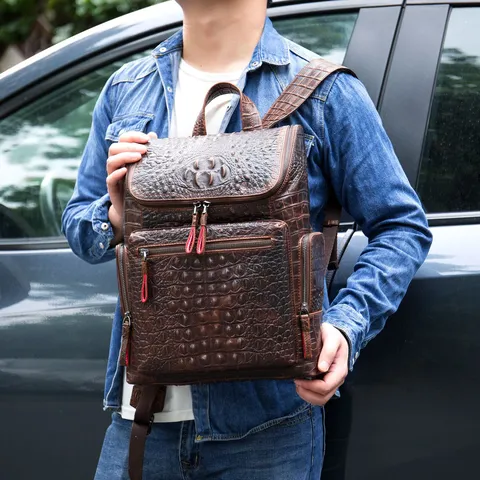 Zaino in Vera Pelle da Uomo Viaggio d'Affari Borsa per Computer Motivo Coccodrillo Casual Grande Capacità