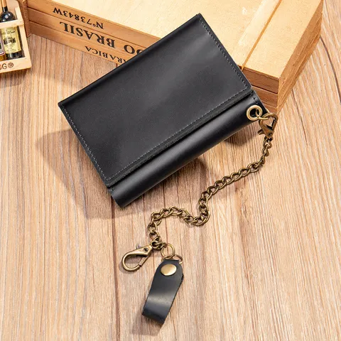 Herren Echtes Leder Kurze Geldbörse Vintage Dreifach Gefaltete Brieftasche Mit Kette Mehrere Kartenfächer Münzfach Einfarbig Portemonnaie