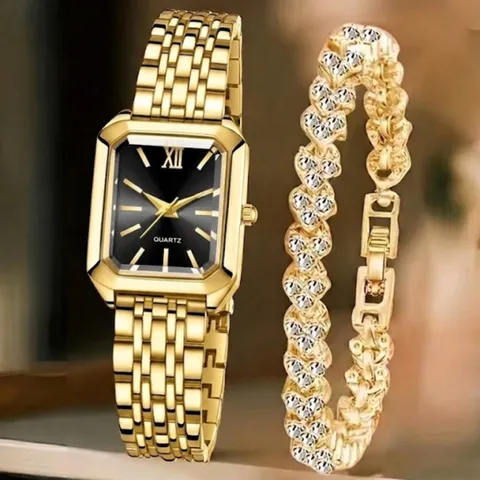 Luxus Damen Rechteckig Quarz Uhr Legierung Armband Set Elegant Sonnenschliff Zifferblatt Edelstahl Analog Uhr Schmuck Geschenk Für Frauen