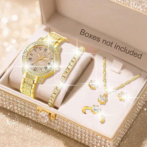 Luxus Strass Sternenhimmel Damen Quarzuhr Schmuckset Legierung Römische Ziffer Zifferblatt Armband Halskette Ohrringe Ring Modische Uhr Set