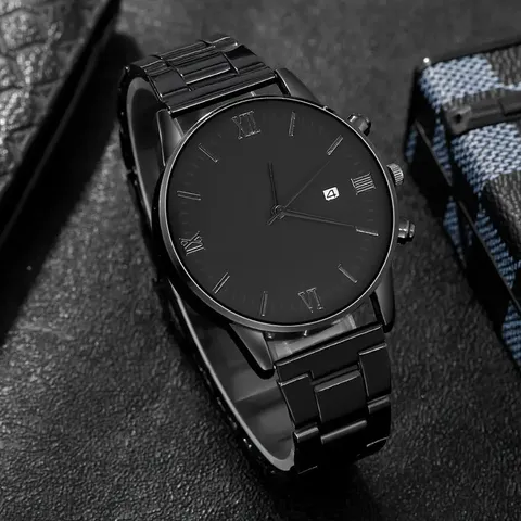 Men's Business Calendar Watch Bracelet Ring Necklace Alloy Quartz Watch With Roman Numerals Fashion Accessories Set