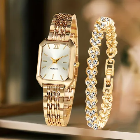 Mode Quadratische Quarzuhr und Strass Armband Schmuck Luxus Elegante Metall Analoge Armbanduhr Set Für Damen Täglich Party