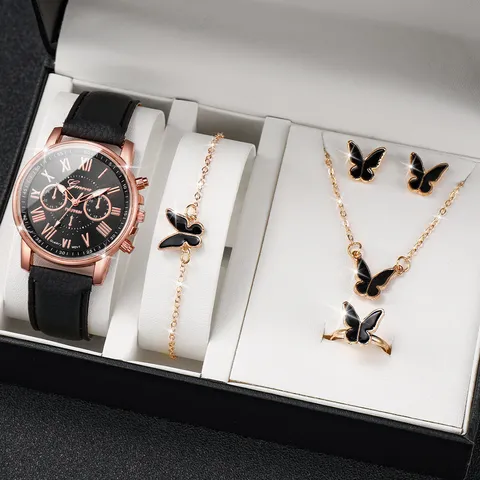 Luxus Damen Schmuck Uhren Set Legierung Gehäuse Lederarmband Schmetterling Herz Strass Quarz Analog Armbanduhr Mode Accessoires Geschenk
