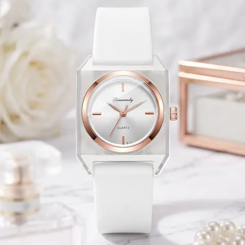 Damen Casual Mode Quarzuhr Quadratisches Transparentes Gehäuse Silikonarmband Minimalistisch Elegant Studenten Armbanduhr