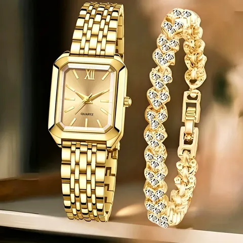 Luxus Damen Rechteckig Quarz Uhr Legierung Armband Set Elegant Sonnenschliff Zifferblatt Edelstahl Analog Uhr Schmuck Geschenk Für Frauen