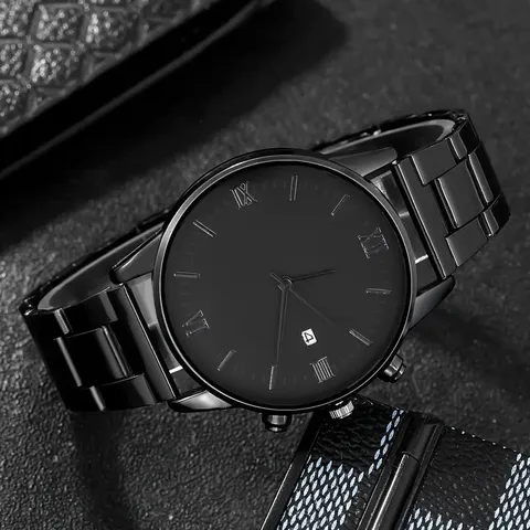 Men's Business Calendar Watch Bracelet Ring Necklace Alloy Quartz Watch With Roman Numerals Fashion Accessories Set