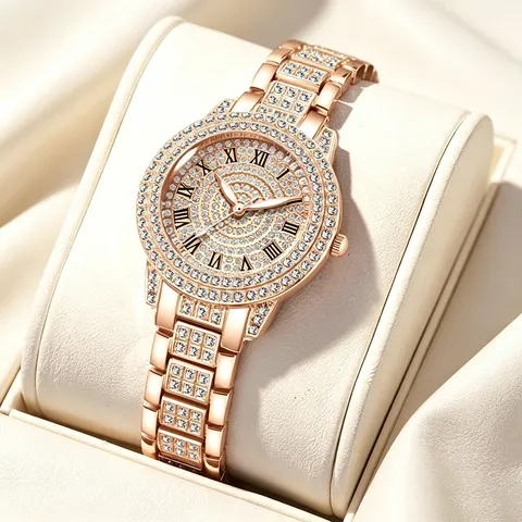 Luxus Legierung Strass Damen Uhr Vollstrass Einlage Römische Zifferblatt Quarzuhr Elegante Metallband Mode Schmuck Uhr