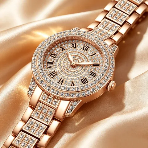 Luxus Legierung Strass Damen Uhr Vollstrass Einlage Römische Zifferblatt Quarzuhr Elegante Metallband Mode Schmuck Uhr