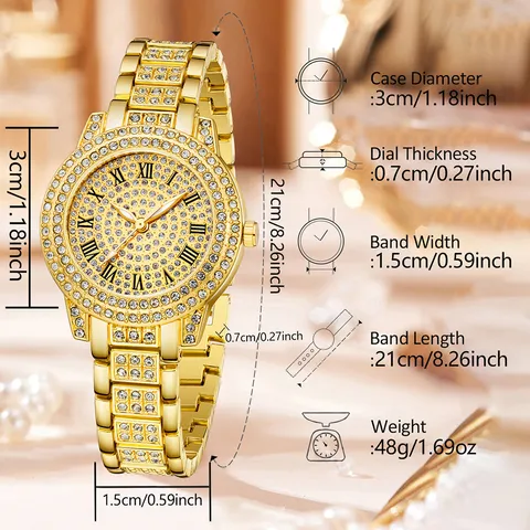 Luxus Strass Damen Quarzuhr Mit Römischen Ziffern Elegante Legierung Analoguhr Und Armband Set Für Damen Schmuck