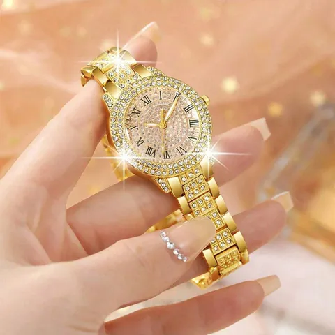 Luxus Strass Sternenhimmel Damen Quarzuhr Schmuckset Legierung Römische Ziffer Zifferblatt Armband Halskette Ohrringe Ring Modische Uhr Set