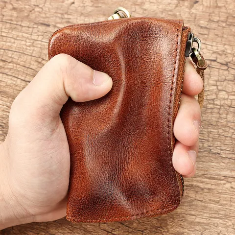 Mini Portamonete in Vera Pelle Vintage Pelle di Vachetta Cerniera Custodia Chiavi con Gancio Metallico per Donna Uomo
