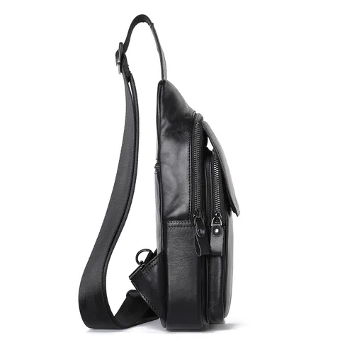 Bolso de Pecho de Cuero Genuino para Hombre Vintage Crossbody Sling Bag Primera Capa de Piel de Vaca Bolsillos Múltiples Bolso Bandolera