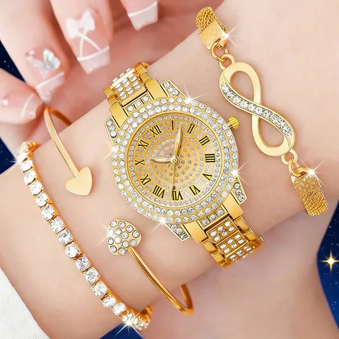 Luxus Strass Damen Quarzuhr Mit Römischen Ziffern Elegante Legierung Analoguhr Und Armband Set Für Damen Schmuck