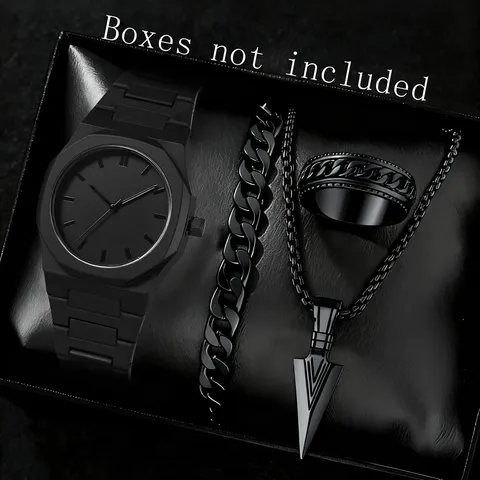 Herren Minimalistisch Schwarz Quarz Uhr Oktogon Legierung Gehäuse Silikon Armband Armbanduhr Armband Ring Halskette Schmuck Für Herren