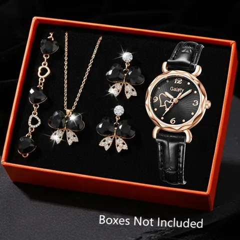 Damen Mode Quarzuhr Schmuck Herzmuster Schwarz Kunstlederband Strass Halskette Ohrringe Armband Jubiläumsgeschenk