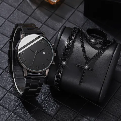 Men Quartz Watch Roman Numerals Date Display Alloy Bracelet Business Fashion Jewelry Necklace Ring Accessory Combination