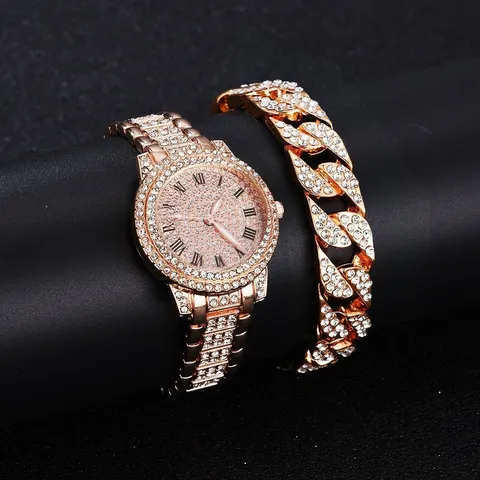 Luxus Legierung Strass Damen Uhr Armband Set Iced Out Sternenhimmel Römische Ziffern Quarzuhr Panzerkette Set Für Damen Bankett Schmuck Geschenk