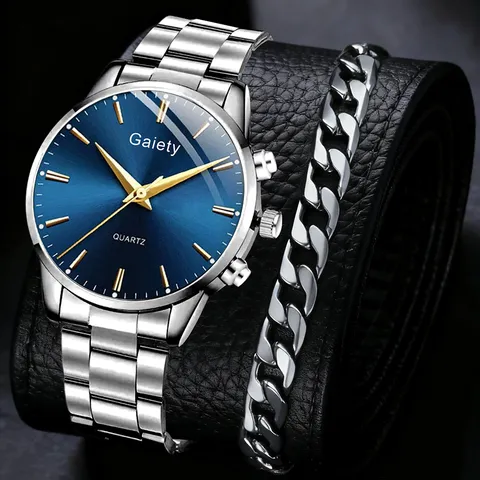 Gaiety Herren Business Casual Quarzuhr Mode Legierung Metall Armbanduhr Blaues Zifferblatt Armbanduhr Schmuck-Set Für Männer Geschenk