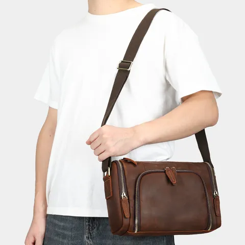 Retro Echt Leder Herens Schoudertas Grote Capaciteit Vintage Cilinder Crossbody Tas Casual Zakelijke Messenger Bag