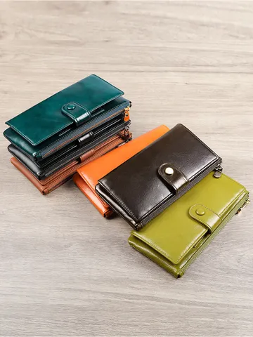 Dames Echt Lederen Lange Portemonnee Vintage Retro Clutch Kaarthouder Rits Drukknoop Handtas
