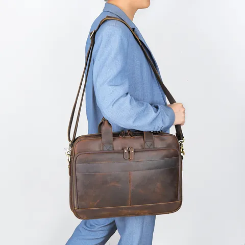 Valigetta Vintage in Vera Pelle da Uomo Grande Capacità Impermeabile Borsa per Laptop d'Affari con Manico e Tracolla