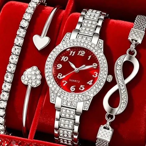 Luxus 4-teiliges Damen Quarz Uhren Set Elegante Legierung Strass Armbanduhr Mit Herz Armreif Unendlich Armband Tennis Schmuck Set
