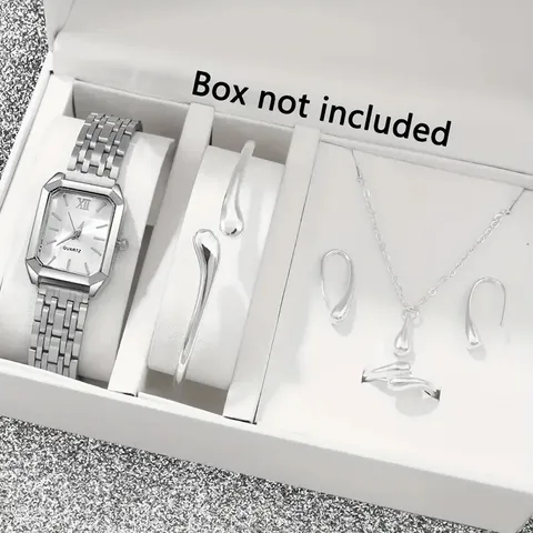 Damen Light Luxury Quadratische Quartzuhr Set Legierung Tropfen Halskette Ohrringe Armreif Ring Sechsteiliger Schmuck Zubehör Geschenk