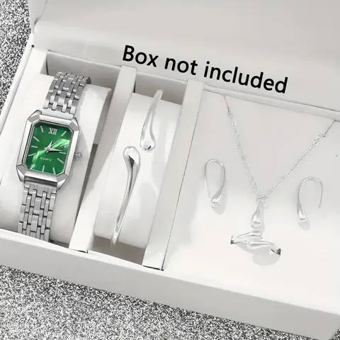 Damen Light Luxury Quadratische Quartzuhr Set Legierung Tropfen Halskette Ohrringe Armreif Ring Sechsteiliger Schmuck Zubehör Geschenk