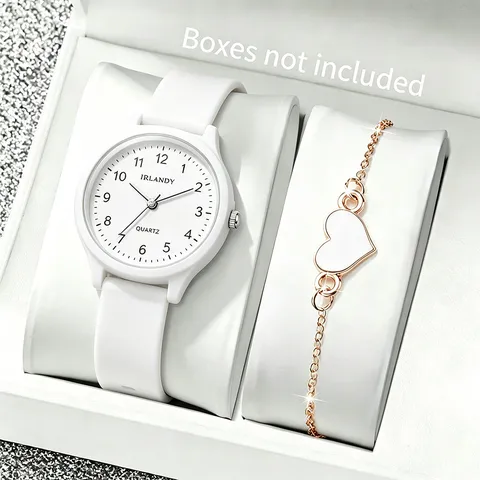 Lässige Quarzuhr Silikonarmband Rundes Zifferblatt Analoge Zeiger Armbanduhr Einfache Schule Stil Uhr Schmuck Armband Set Für Studenten Universal