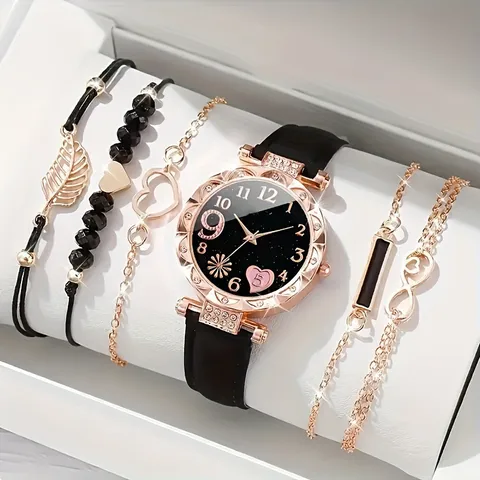 Damen Mode Quarzuhr Und Armband Set Herz Blumenmuster Sternenhimmel Zifferblatt PU Lederband Strass Eingelegtes Uhrenset Für Studenten Geschenk Schmuck