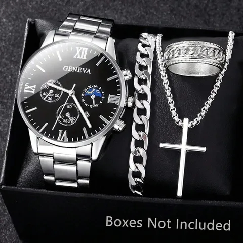 Set di Orologi al Quarzo da Uomo Business Quadrante Romano in Lega Con Bracciale a Catena Cubana Collana a Croce Anello Set di Gioielli