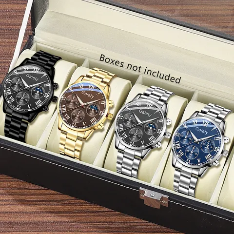 Gaiety Herren Business Casual Quarzuhr Leuchtend Kalender Drei-Augen-Design Römische Ziffern Legierung Gehäuse Edelstahl Armband Armbanduhr