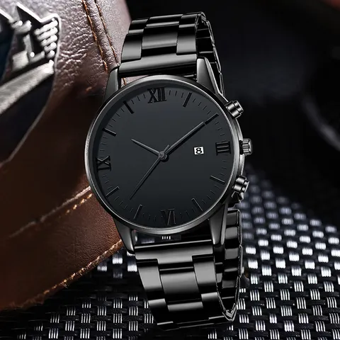 Men Quartz Watch Roman Numerals Date Display Alloy Bracelet Business Fashion Jewelry Necklace Ring Accessory Combination