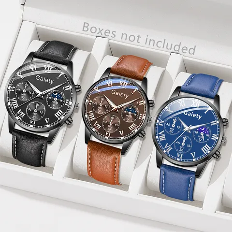 Gaiety Herren Business Casual Quarzuhr Leuchtend Kalender Drei-Augen-Design Römische Ziffern Legierung Gehäuse Edelstahl Armband Armbanduhr