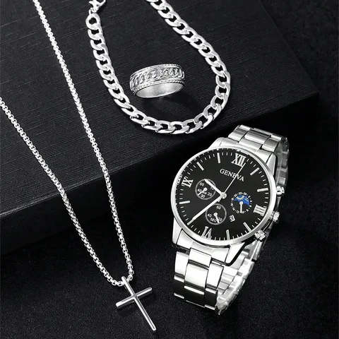 Set di Orologi al Quarzo da Uomo Business Quadrante Romano in Lega Con Bracciale a Catena Cubana Collana a Croce Anello Set di Gioielli