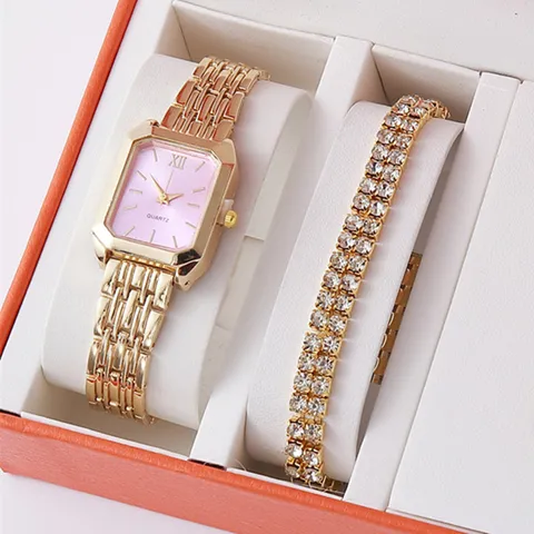 Mode Quadratische Damen Quarzuhr Geschenkset Mit Strass Armband Legierung Stahlband Römische Ziffer Elegante Dame Armbanduhr