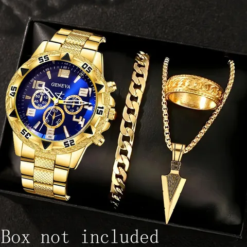 Men Business Fashion Quartz Watch Set Alloy Luxury Roman Round Case Metal Band Wristwatch With Cuban Chain Bracelet Ring Arrow Pendant Necklace Jewelry Gift Set For Men