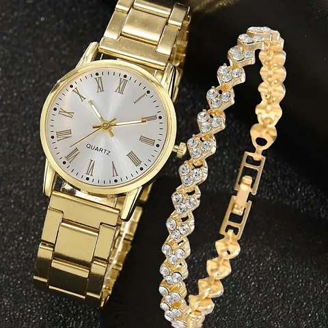 Luxus Legierung Strass Damen Quarzuhr Und Herz Armband Mode Römische Ziffern Schmuck Armbanduhr Zubehör Für Damen