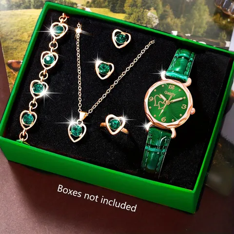 Damen Casual Quarzuhren Set Luxus Strass Herz Zifferblatt Lederarmband Uhr Und Herz Schmuck Set Für Damen Geschenke