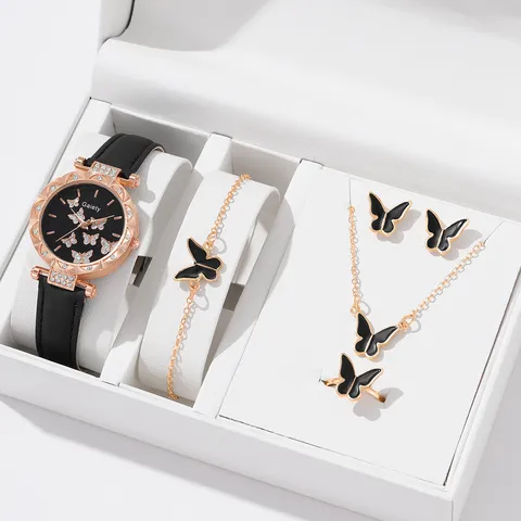 Mode Minimalistisch Damen Analog Quarz Uhr Kunstlederband Rundes Gehäuse Strass Schmetterling Zifferblatt Armband Schmuck Set