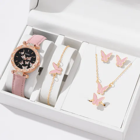 Mode Minimalistisch Damen Analog Quarz Uhr Kunstlederband Rundes Gehäuse Strass Schmetterling Zifferblatt Armband Schmuck Set