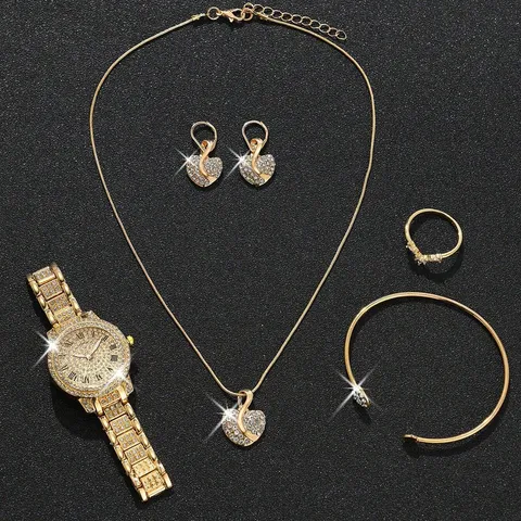 Luxus Damen Quarzuhr Schmuck Set Herz Strass Eingelegt Legierung Halskette Ohrringe Armband Ring Set Römische Zifferblatt Mode Armbanduhr Zubehör