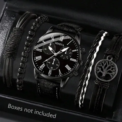 Geneva Herren Business Casual Quarz Uhr Set Schwarz Kunstleder Armband Römische Zifferblatt Armbanduhr Mit Armbändern Schmuck